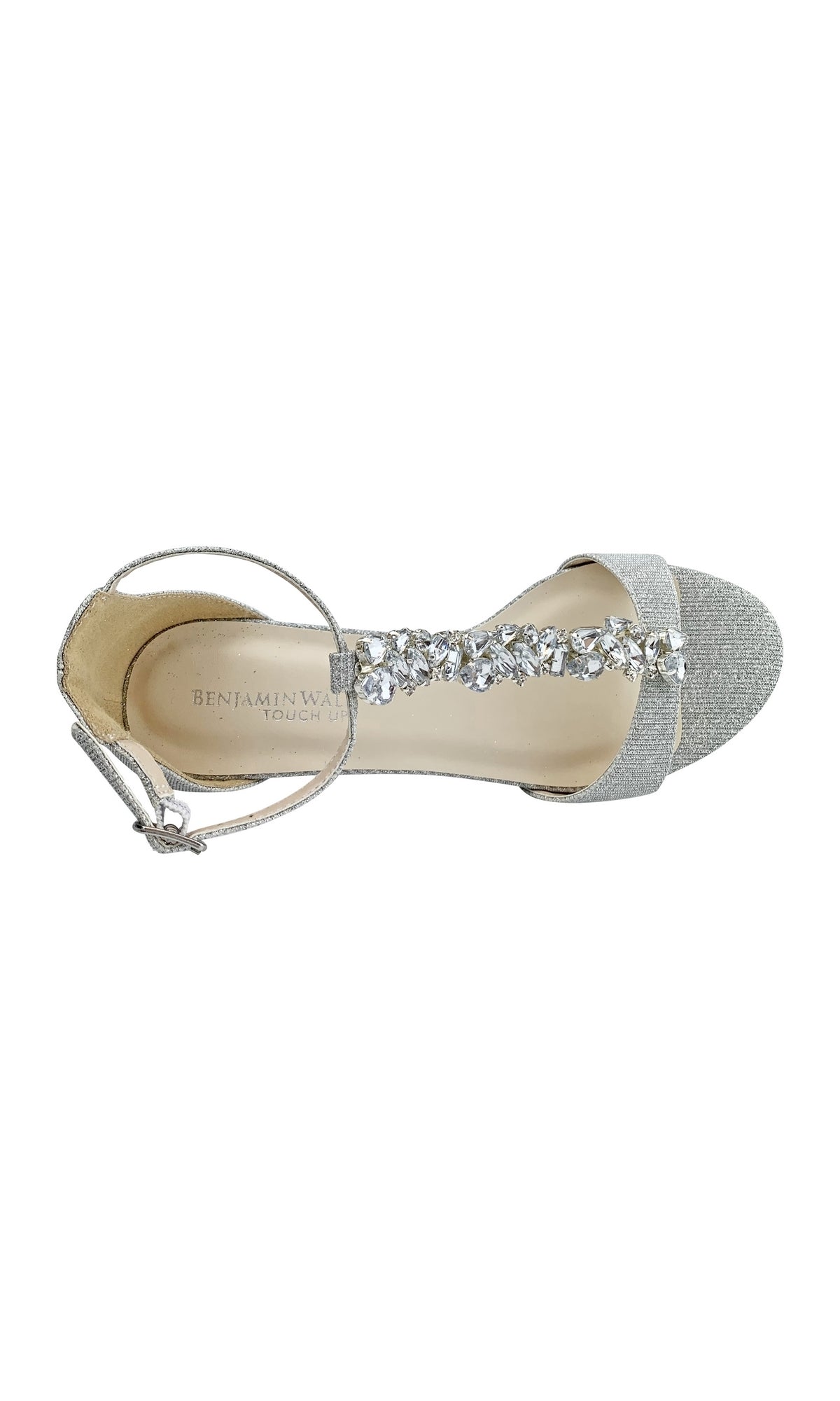 The Beatrix Silver Short Wedge Rhinestone Prom Shoe 4537 by Touch Ups is an elegant open-toe sandal with an ankle strap and rhinestone details, perfect for prom and shown here in a top-down view.